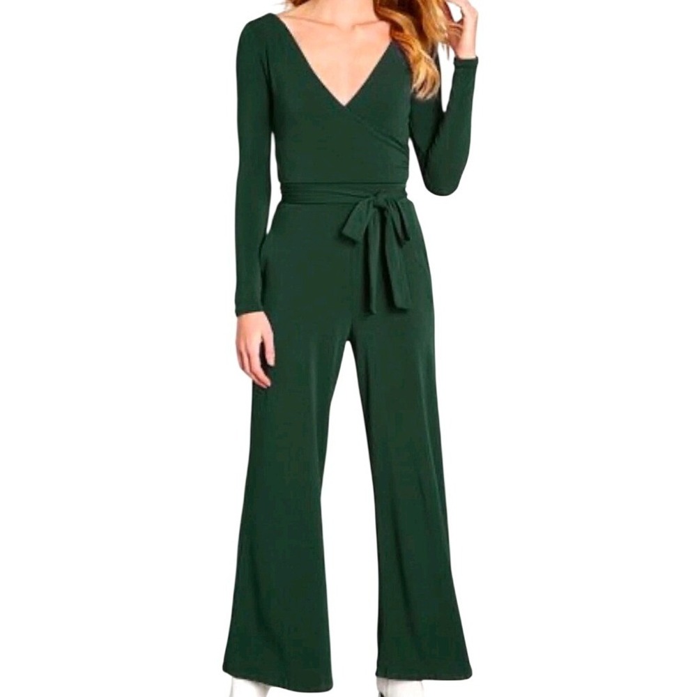NWT‎ ModCloth Dark Green Surplice Long Sleeve Wide Leg Jumpsuit XXS Retro Party